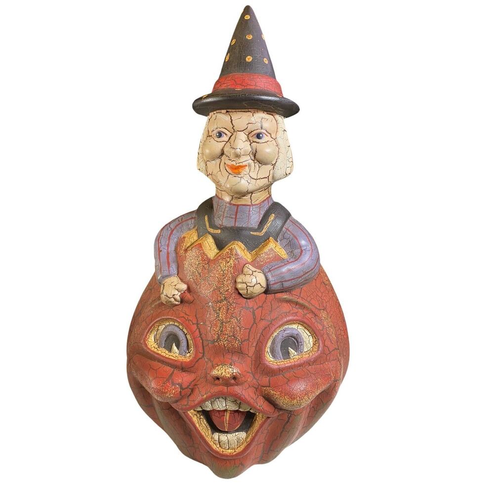 Vintage Pottery Double Sided Pumpkin Terracotta Crackle Finish 15" Decor Witch